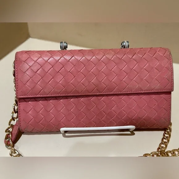 Bottega Veneta Light Pink Intreccio Long Wallet W/unbranded chain